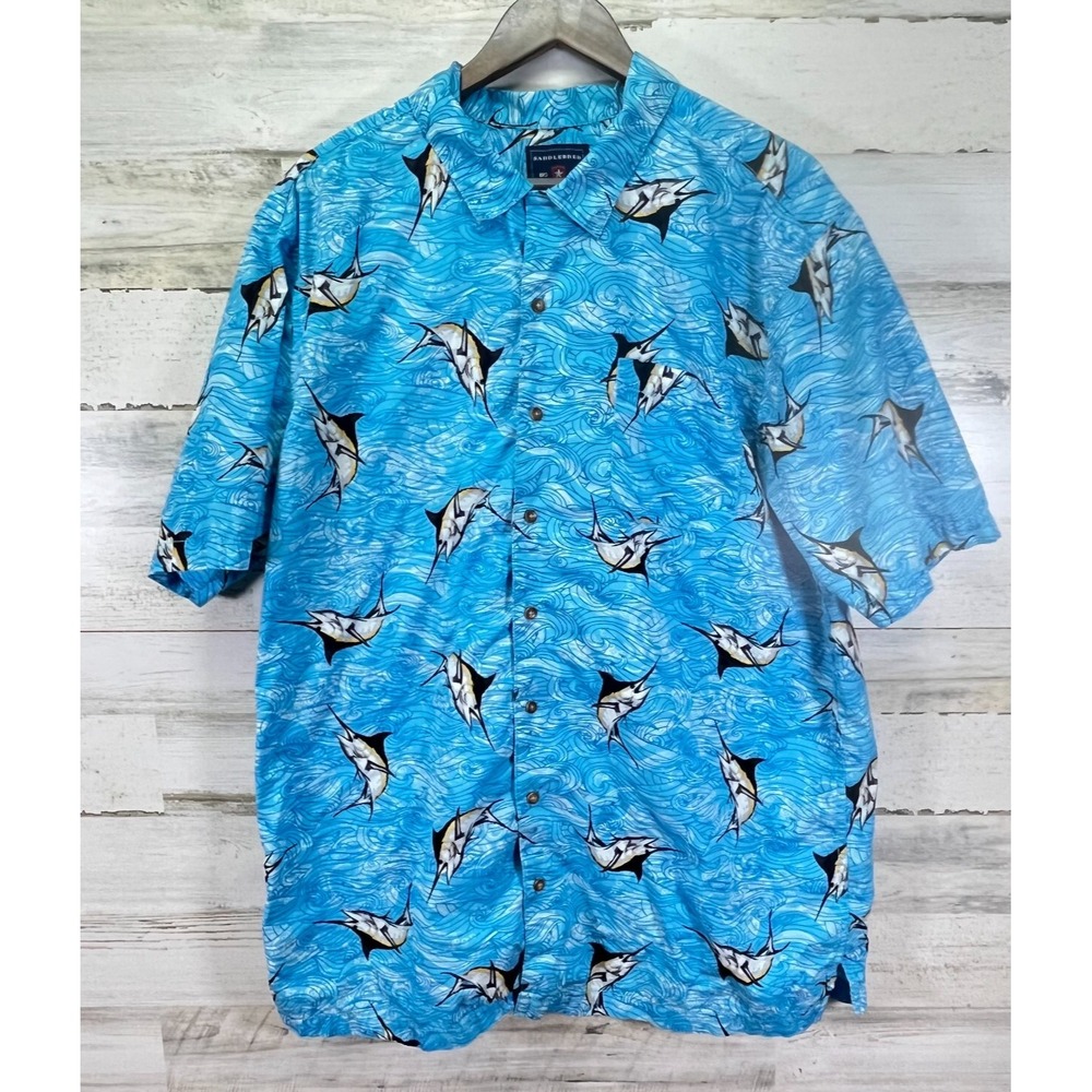 Saddlebred Mens Tropicalβ Blue Short Sleeve Shirt with Blue Marlin Print. XLT